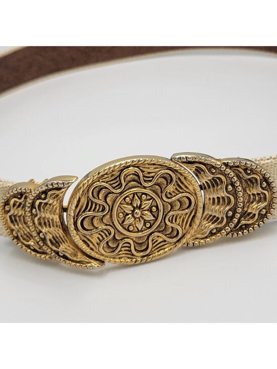 VTG 70s 80s Ornate  Gold-Tone Buckle Embossed Beige/Brown  Textured  Belt main image 10